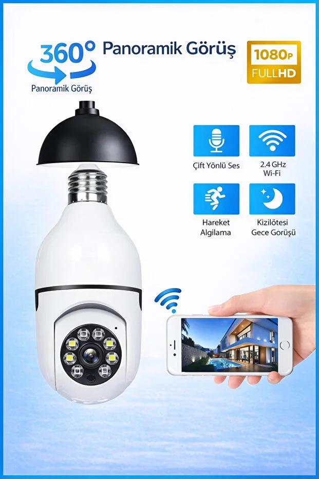 Gece Görüşlü 360 Derece Led Işık 1080p Wifi Kamera Kablosuz Panoramik Balıkgözü Ampul Kamera